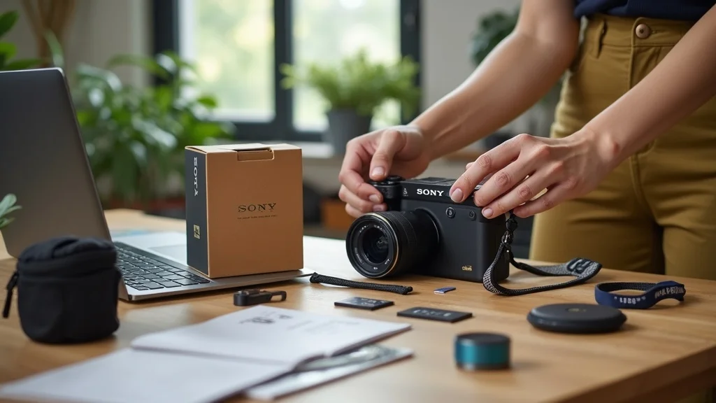 Clean compact camera cleaning kit neatly displayed next to Sony camera on white tile with plant, photorealistic, microfiber cloths, brushes, spray bottles, 50mm lens