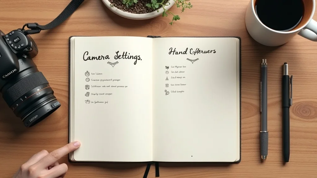 Flat lay of camera settings notebook and lens illustrating choosing aperture setting tips