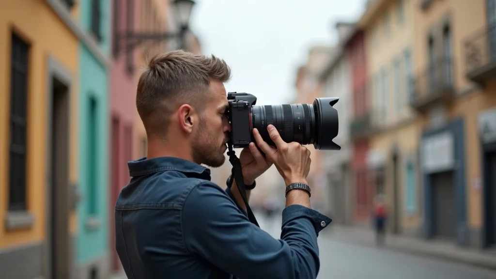 Portrait photographer using Sony FE 70-200mm f/2.8 GM OSS lens for environmental street portrait, showing wide angle to telephoto versatility.
