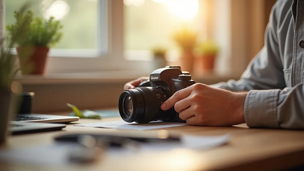 Bright, inviting camera cleaning workspace with gentle hands cleaning a camera lens using professional tools—how to clean camera lenses