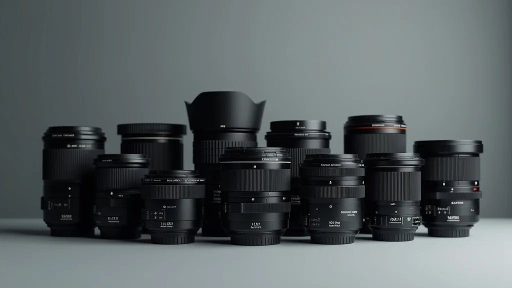 Display of assorted camera lenses for beginners arranged in a semi-circle on a clean studio table.