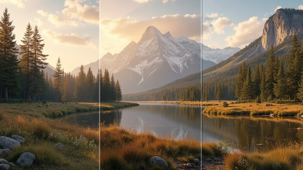 Camera focal length visual demo—wide angle, standard, and telephoto comparison of a mountain landscape, highlighting range and changing field of view in a photorealistic sequence