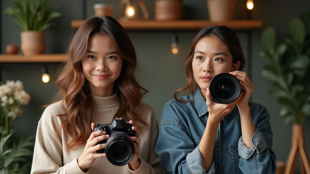 Comparative scene: two photographers holding a zoom lens and a prime lens — purpose lens and prime lens differences for street photography and general use.