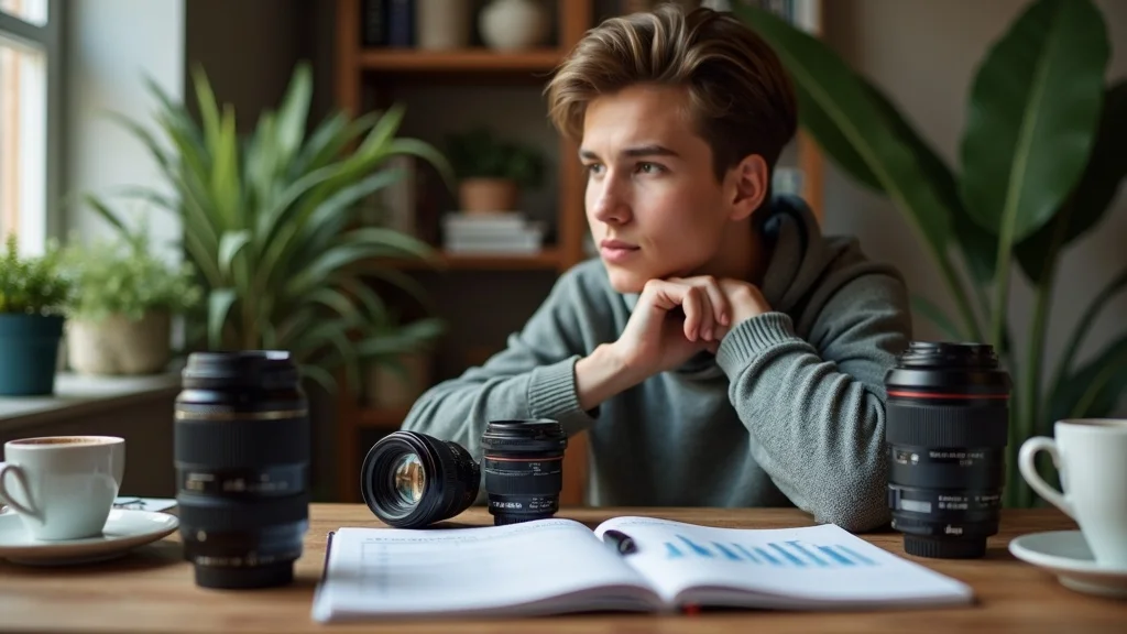 Lens and budget planning: Analytical young adult with prime and zoom lenses next to a notebook, charts, and camera at a home desk—highlighting decision-making between lens price, value, and personal goals