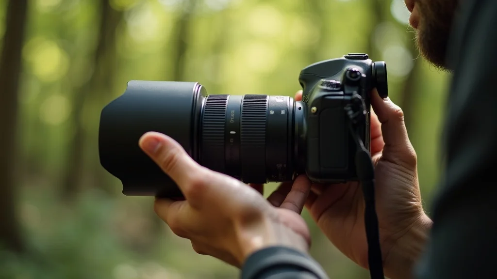 Hands adjusting a zoom lens: Engaged photographer rotating the barrel of a modern zoom lens on a DSLR in an outdoor setting—highlighting the utility and tactile feel of zoom lenses