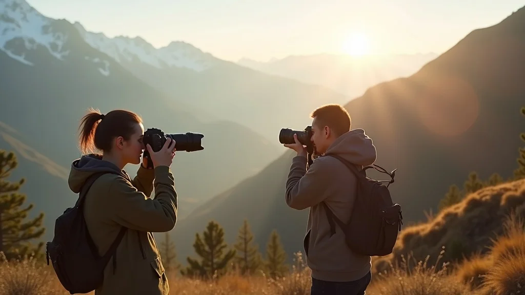 Vivid wide angle landscape vs telephoto wildlife. Two photographers side-by-side using wide angle and telephoto lenses—showcasing environmental separation, dynamic light, and natural shadows, captured on a full-frame DSLR with a 35mm and 200mm combo.