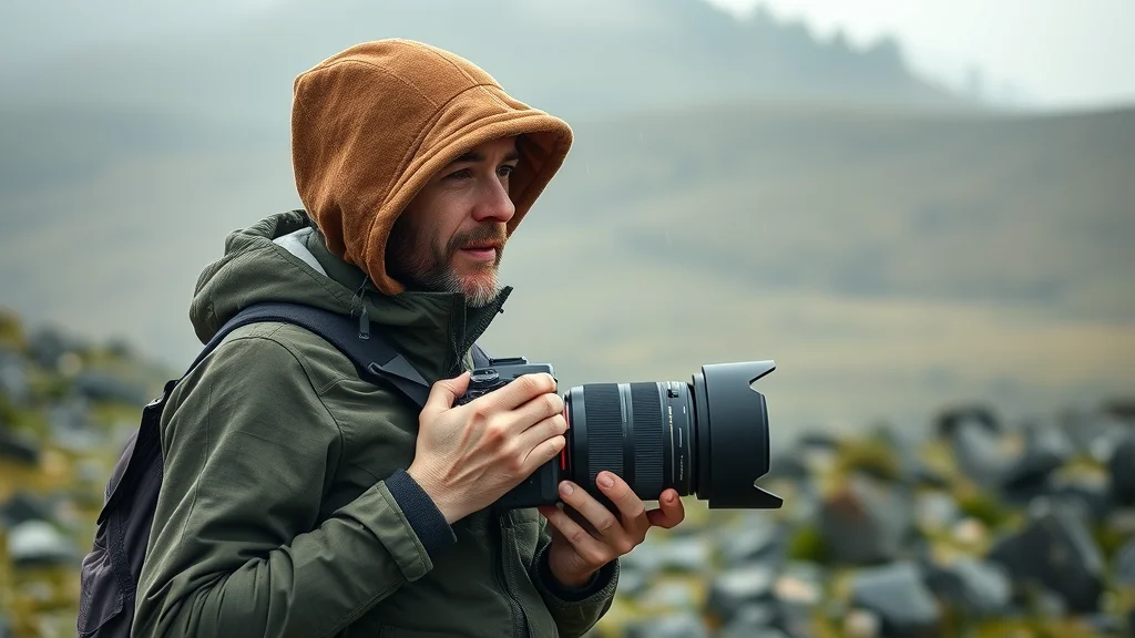 Photographer with Sony FE 50-150 F2 GM and A7 IV in outdoor, rainy landscape—highlighting pro handling and weather-resistant GM lens build
