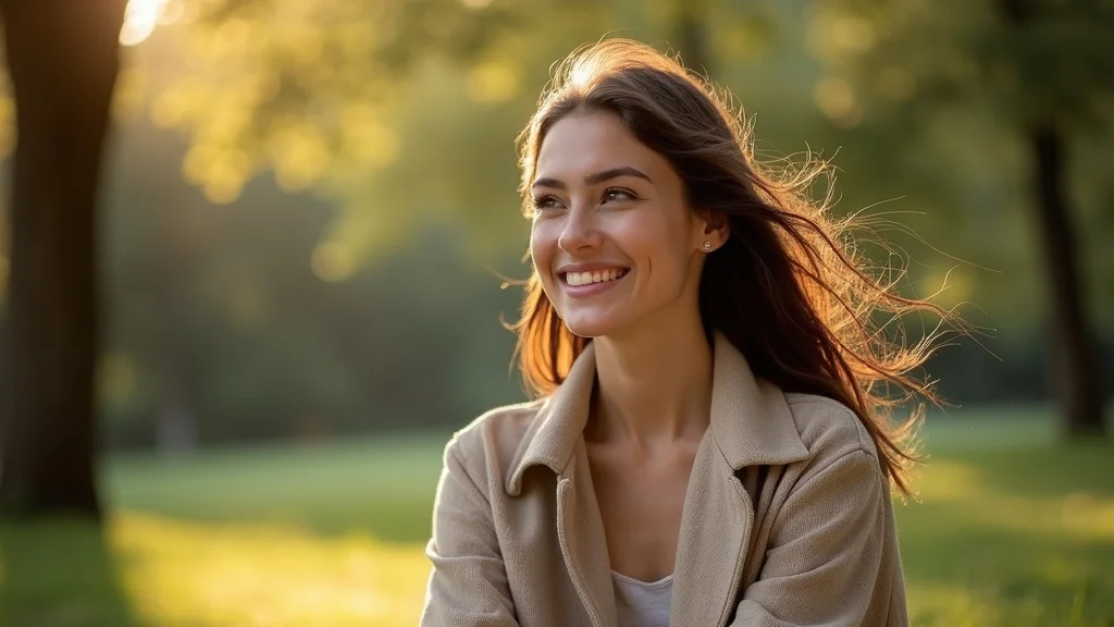 Portrait taken with Sony FE 85mm f/1.8 lens in a tranquil park, warm afternoon light, subject seated with a soft, creamy bokeh background.