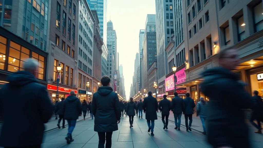 Immersive wide angle urban scene, showing tall buildings and dynamic street life captured through a wide angle lens.