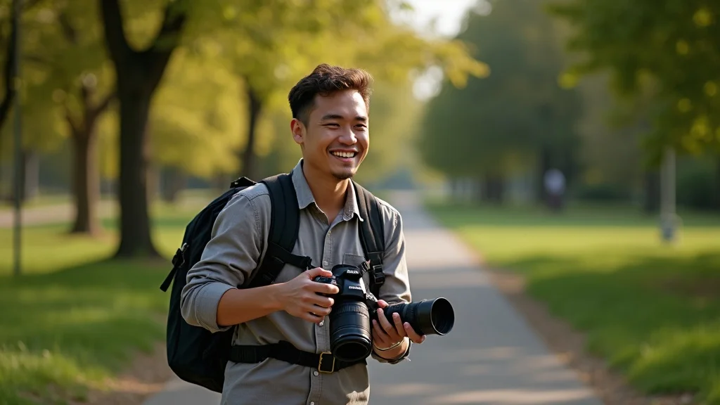 Photographer switching between full frame and APS-C lenses in city park, showing daily gear change habits