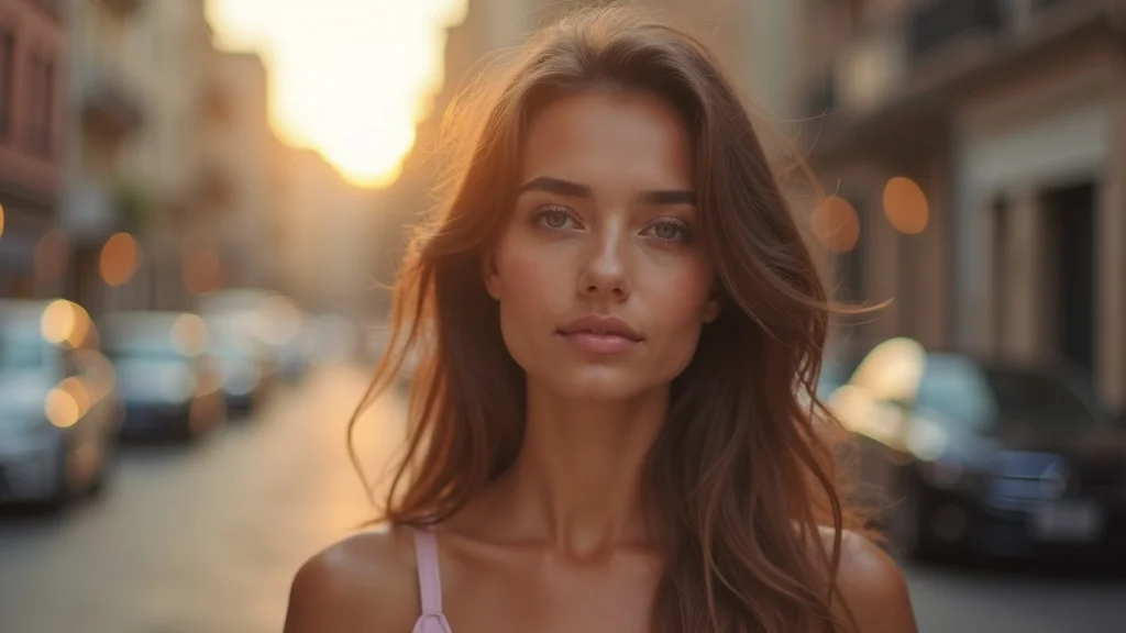 Portrait with beautiful bokeh: Confident model against a softly blurred urban backdrop, shot with a wide-aperture prime lens—exemplifying the creative depth of field possible with maximum aperture flexibility