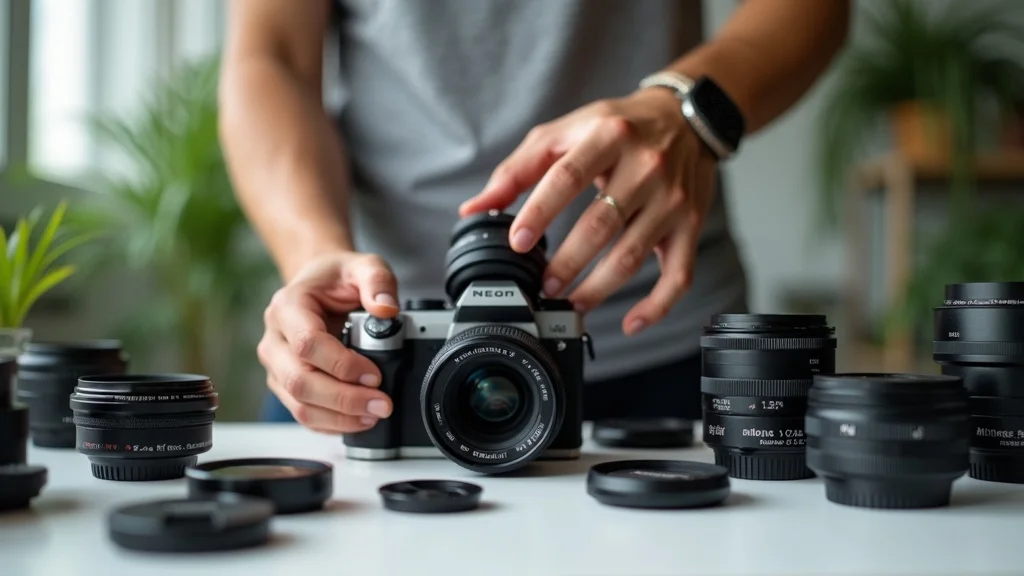 Modern photographer testing and organizing camera lenses in a bright workspace, showing proper lens selection workflow with various accessories