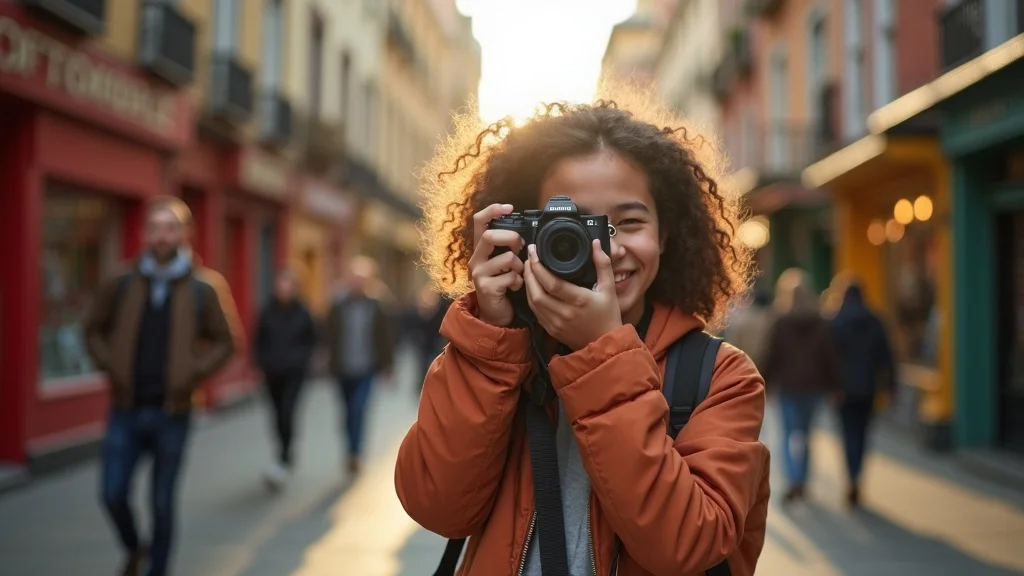 Young photographer shooting with Sony FE 50mm f/1.8 lens, capturing a candid street portrait on a vibrant city sidewalk with colorful backgrounds.