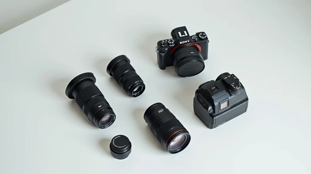 Clean overhead flat lay of a selection of Sony E-mount travel lenses arranged beside a Sony camera body on a modern white desk, photorealistic, soft natural lighting.