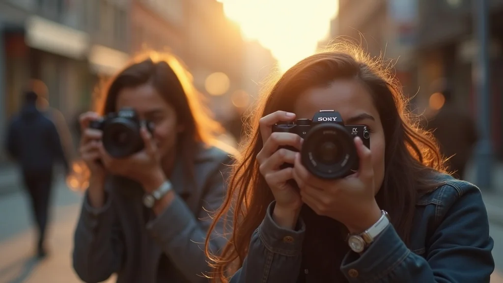 Photographers using Sony cameras with the best Sony lenses for beginners in street, portrait, and outdoor scenes captured during golden hour