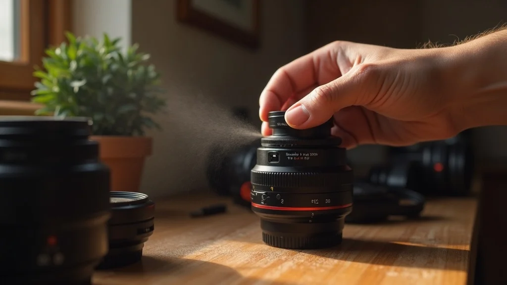 Careful pre-cleaning using an air blower to remove dust from camera lens—step one in how to clean camera lenses