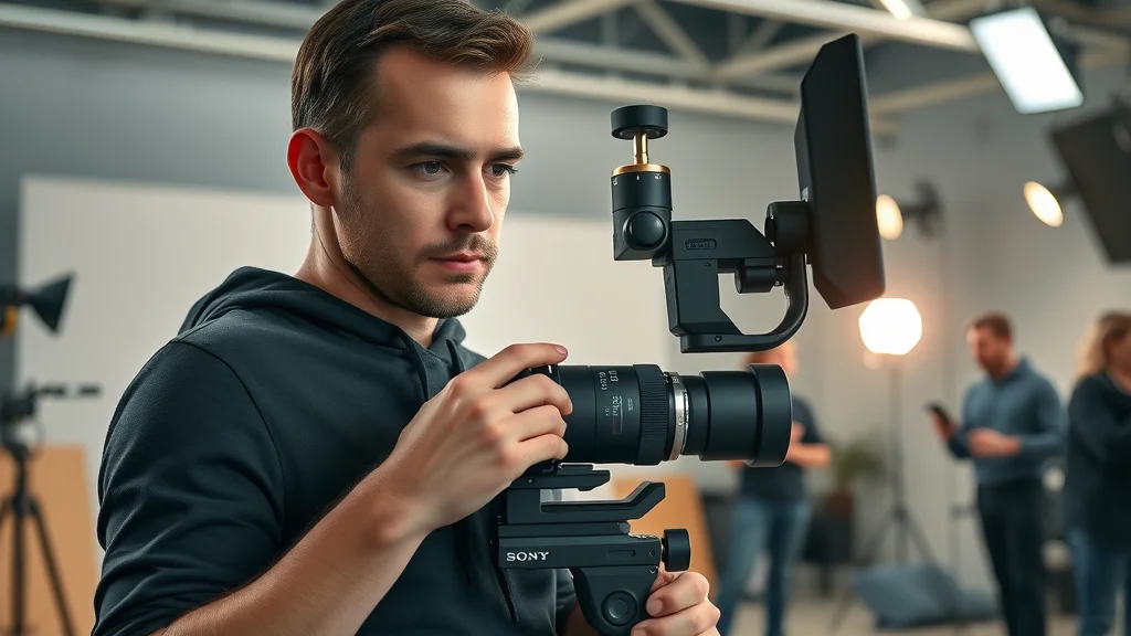 Sony FE 50-150 F2 GM on gimbal for hybrid video work, cinematographer using lens in modern studio for smooth zoom and silent AF