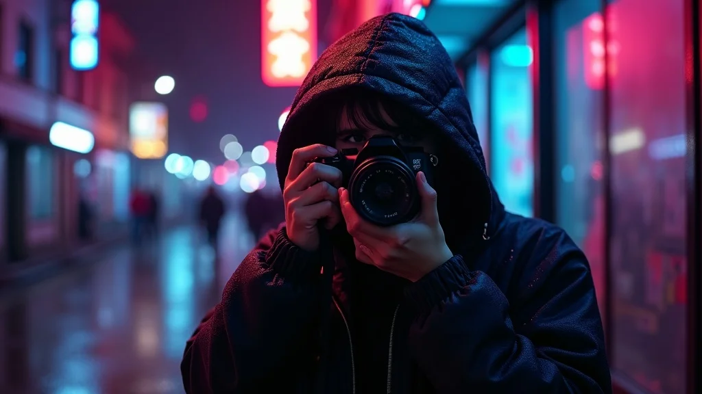 Night street photographer capturing a neon-lit alley with full frame vs APS-C camera comparison in low light