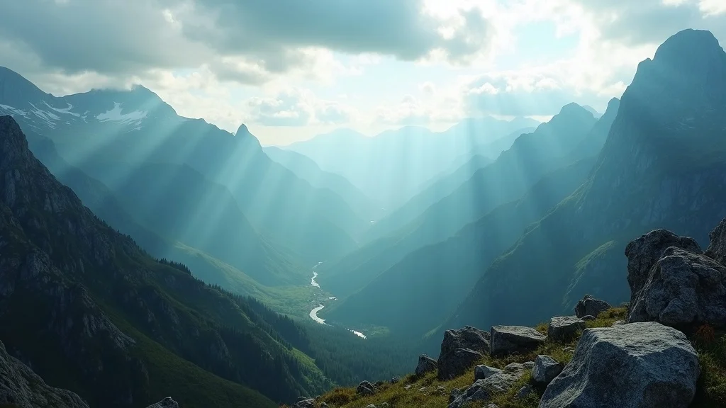 Stunning mountain landscape photographed with Sony wide-angle lens, dramatic sweeping view from a rocky overlook, photorealistic and high realism, shot with a 16mm wide-angle lens.