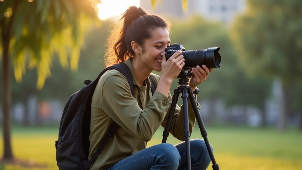 Professional Sony Alpha photographer with best accessories for Sony cameras outdoors, camera bag, tripod, and lens filters, urban park setting, photorealistic, 50mm lens, golden hour, natural greenery and blues, confident expression