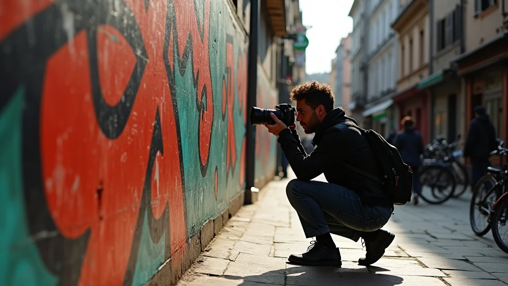 Urban street photographer crouched with a Sony mirrorless camera and compact prime lens near colorful graffiti, in a vibrant, motion-filled alley.
