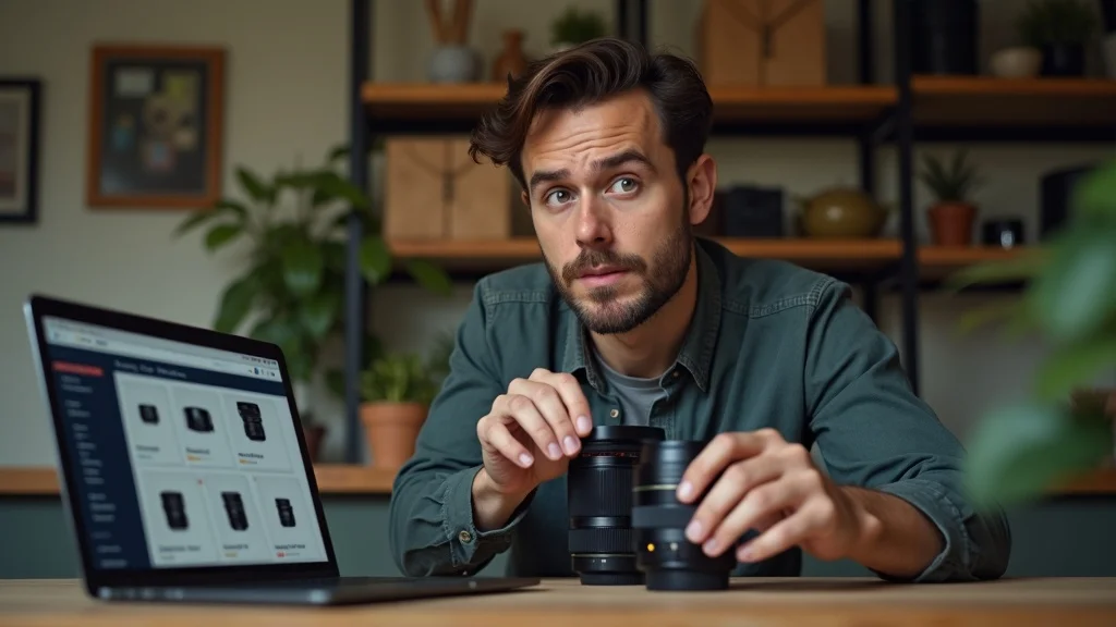 Comparing camera lens prices and quality: thoughtful photographer reviews build and specs of two lenses at a home workspace, camera store screen visible in background
