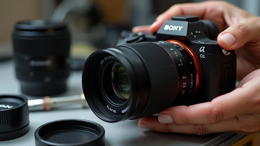 Sony lens mounts explained with camera and third-party lens using an adapter, macro detail on adapter mechanism, crisp and solution-oriented