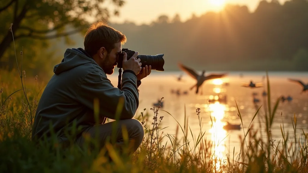Wildlife photographer capturing birds at a lake using Sony E 55-210mm f/4.5-6.3 OSS telephoto lens with focused, quiet composition among sunrise-lit tall grass.