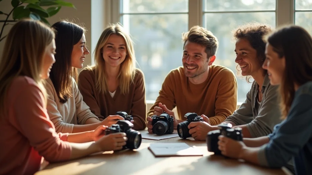Group of photographers discussing what is aperture myths during a friendly photo workshop