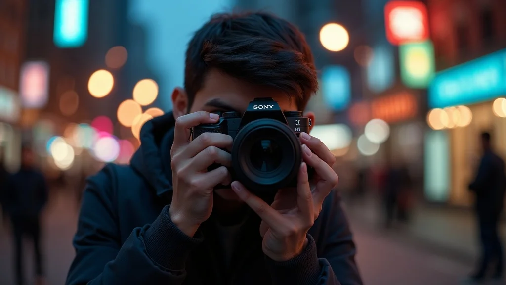 Amateur photographer using Sony telephoto lens, urban evening, city lights, rich shadows, Sony FE lens — amateur photographer, travel, low light, gm lens
