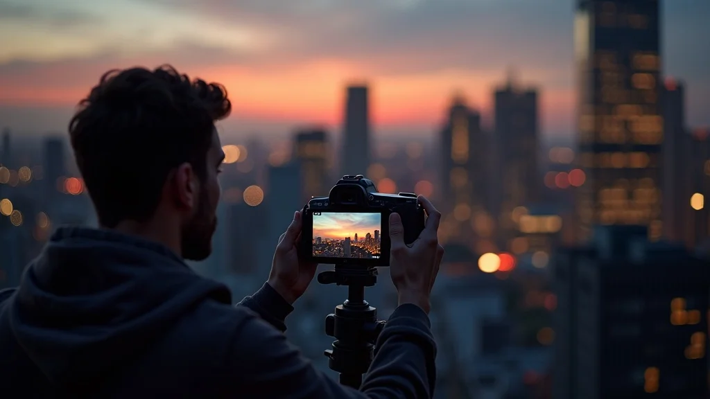 Tack-sharp cityscape: Satisfied photographer reviewing an ultra-sharp image on-camera LCD atop a rooftop at dusk, prime lens setup, vibrant city lights—demonstrating the image quality advantage of prime lenses