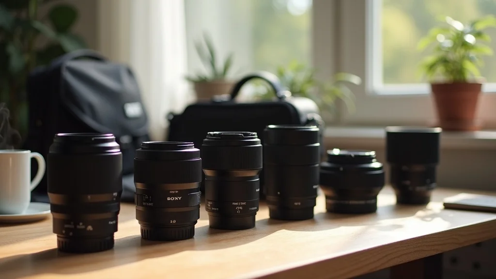 Flat lay of best budget Sony lenses including prime and zoom options for Sony cameras, arranged on a wooden desk in soft daylight with photorealistic depth and natural tones. Camera bag, notepad, and a steaming mug complete the calm workspace.