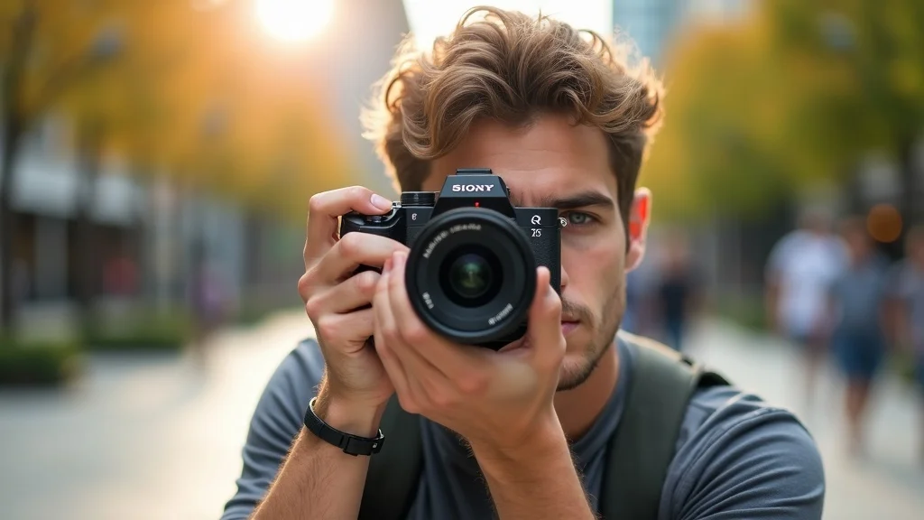 Photographer using Sigma DG DN Art 85mm lens for Sony with bokeh and lens clarity in urban setting