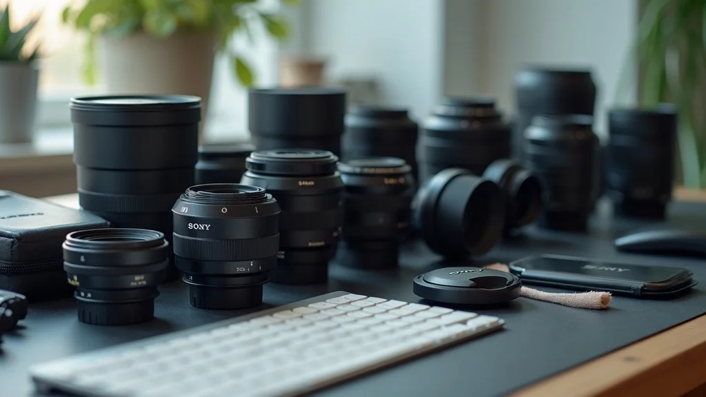 Essential Sony lens accessories for beginners—filters, hoods, cases, cleaning kits and more, organized on a desk