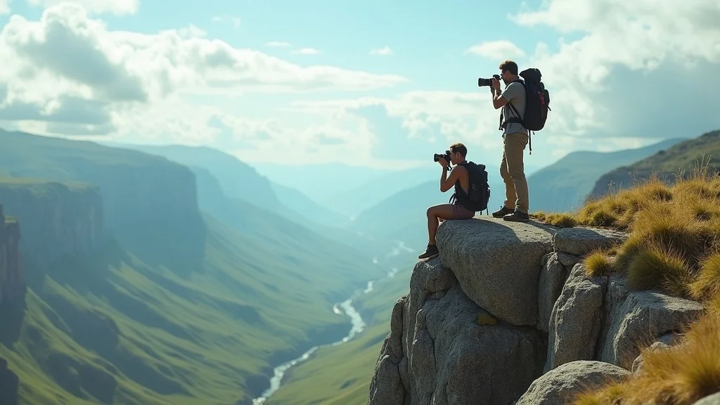 Adventure traveler with Tamron telephoto zoom, cliff edge, vast valley, dynamic scene, photorealistic, captured as shot with a 70-200mm lens.