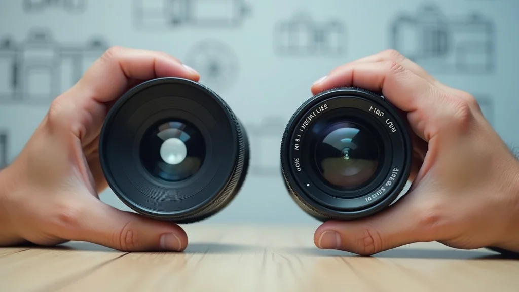 Prime lens versus zoom lens comparison: side-by-side on a wooden desk, hands holding each lens in clear light, highlighting focal length and build differences