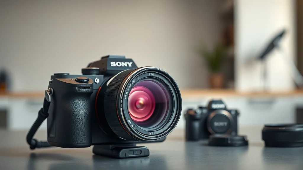 Sleek Sony FE 50-150 F2 GM lens on a professional Sony camera body, showcased on a modern studio table—emphasizing GM lens design and telephoto zoom versatility
