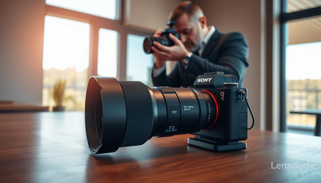 A beautifully composed image showcasing the Sony FE 70-200mm F2.8 GM OSS II lens on a sleek, modern camera body, placed on a polished wooden table. In the foreground, the lens should be prominently displayed with intricate details highlighting its build quality, including the smooth zoom ring and focus controls. In the middle ground, a professional photographer in business attire adjusts the camera, capturing a stunning outdoor scene, showcasing the lens's versatility. Soft, natural lighting spills in from a large window, creating a warm atmosphere that accentuates the lens and photographer. The background features a blurred yet vibrant nature scene, symbolizing the telephoto capabilities of the lens. The whole scene evokes a sense of creativity and professionalism, fitting for the brand "Lensdude".