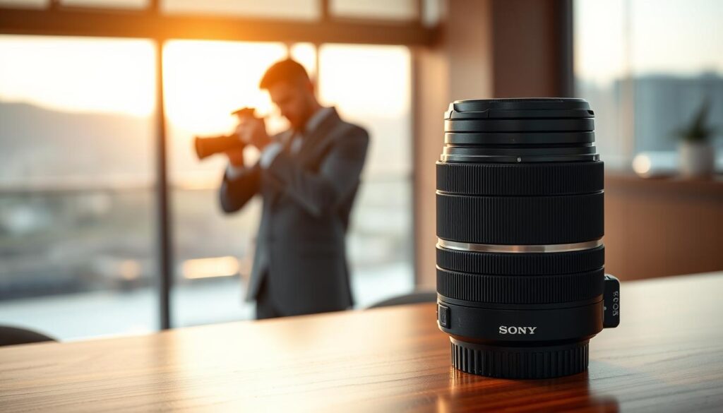 A highly detailed and realistic image showcasing the Sony FE 70-200mm F2.8 GM OSS II lens. In the foreground, feature the lens on a sleek, polished wooden table. The lens should be in sharp focus, highlighting its metallic finish and intricate design elements, including the zoom and focus rings. In the middle ground, display a soft-focus backdrop of a professional photographer in business attire, adjusting their camera settings, conveying a sense of application and expertise. The background features a blurred scenic view to subtly suggest outdoor photography, with warm, natural lighting filtering through, creating an inviting and professional atmosphere. Ensure that the image reflects precision and the high quality associated with Sony lenses, branded as "Lensdude".