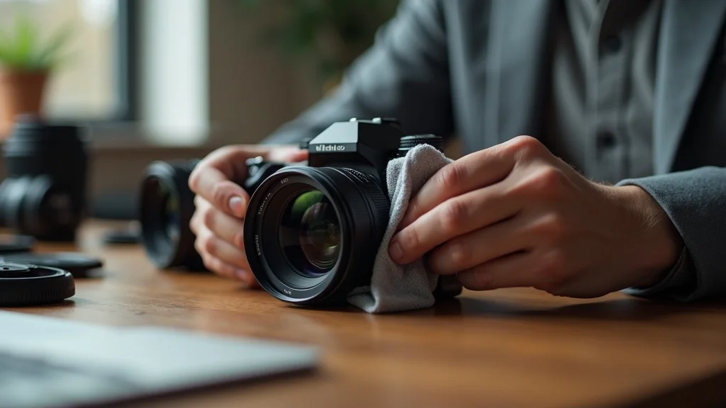 Hands carefully cleaning a camera lens with a microfiber cloth to maintain sharp images and image quality.