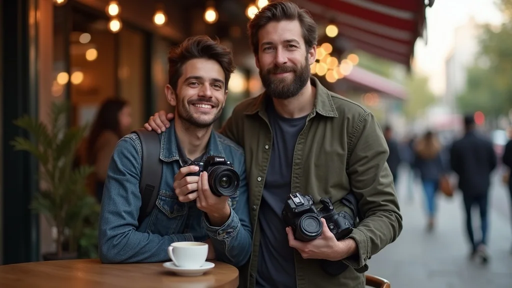 full frame vs aps-c lenses photographers side-by-side at a city café, showcasing different camera systems with natural smiles and vibrant background