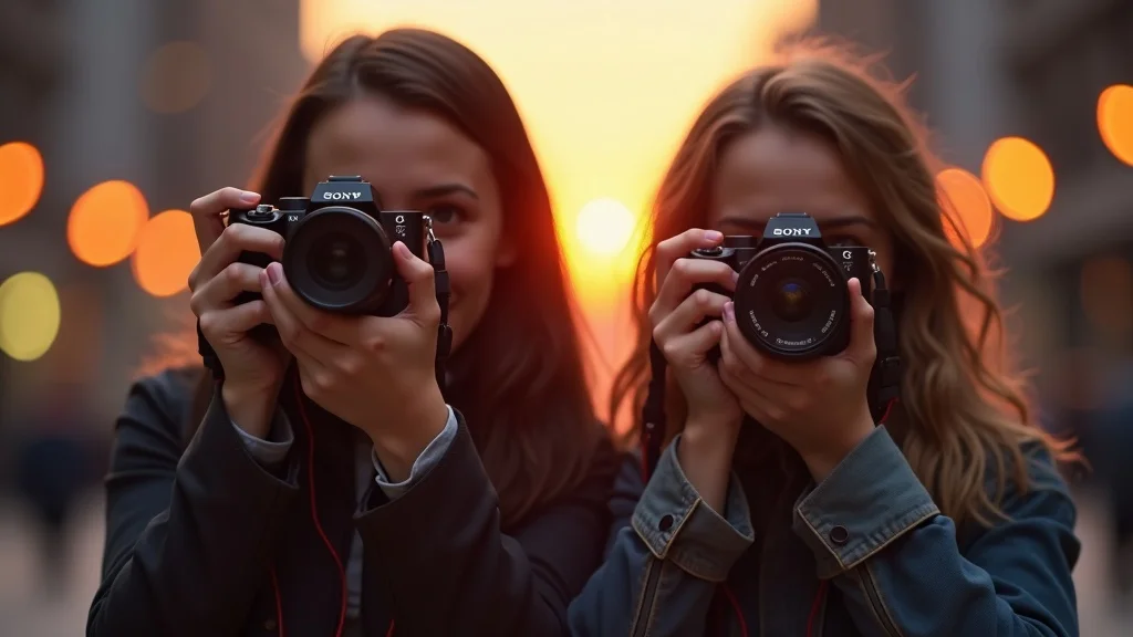 Sony full frame and APS-C camera bodies compared side-by-side, urban outdoor setting, attentive photographers, photorealistic, golden hour