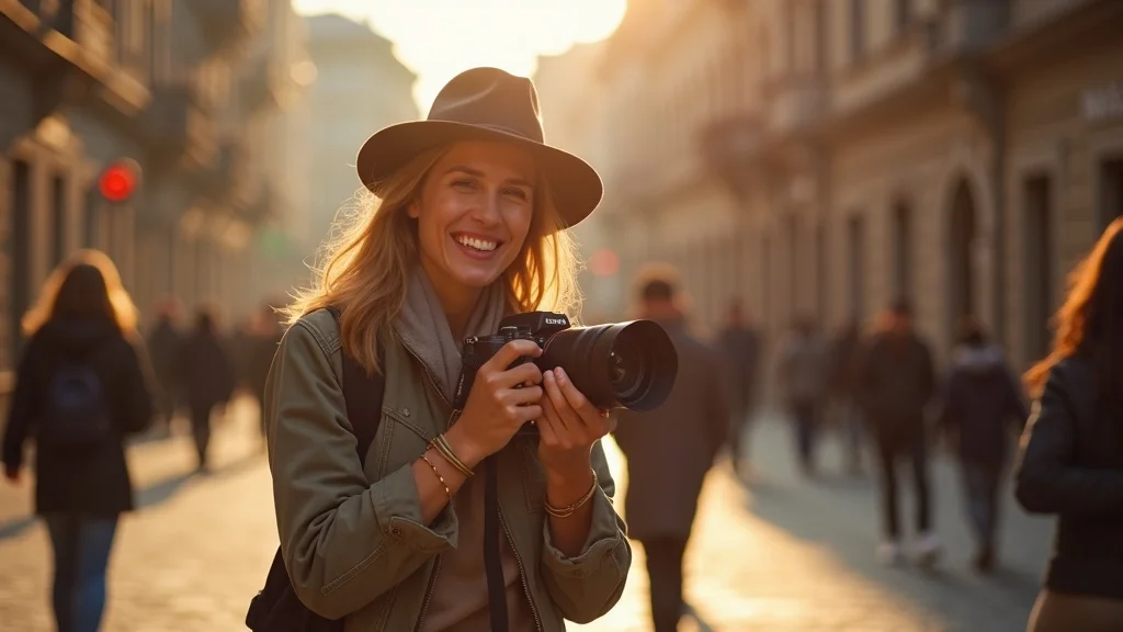 Vivid Sony Alpha camera with a travel lens—enthusiastic traveler smiling, adjusting their camera, styled as photorealistic set on a sun-dappled cobblestone street in an old European city.