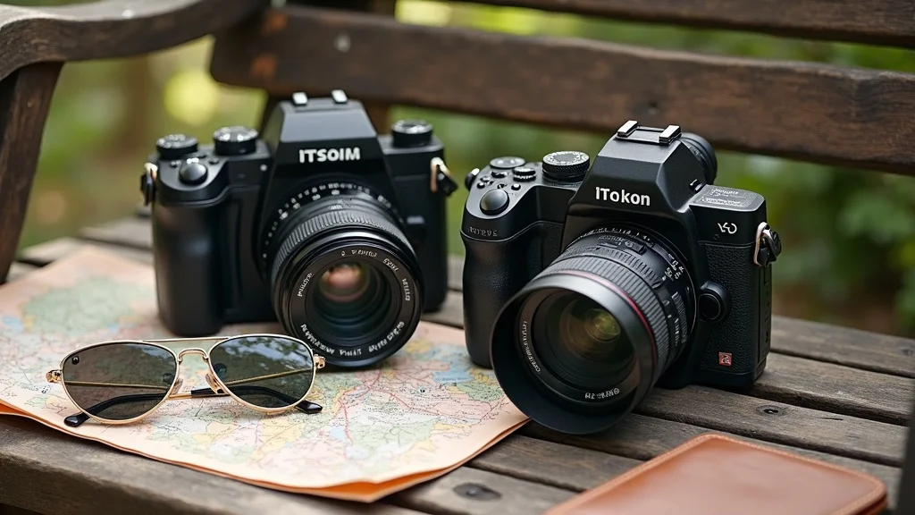 Lightweight APS-C camera alongside full-frame kit, travel gear flat lay showing gear size differences