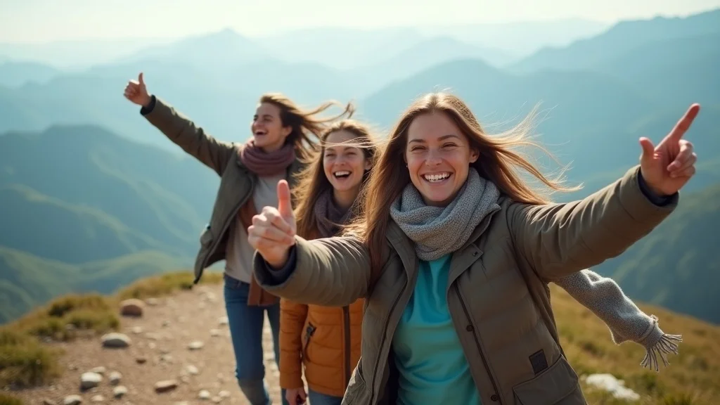 Traveler capturing a spontaneous group selfie with Tamron 28-75mm f/2.8 lens on Sony camera at a scenic mountain viewpoint, with smiles and a panoramic background.