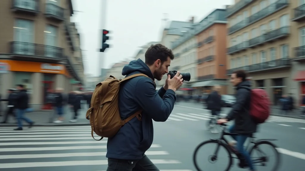 Dynamic street photography action: Expressive street photographer capturing a candid moment at a busy city intersection, motion blur, compact camera—showing the real-world agility difference between prime and zoom lenses