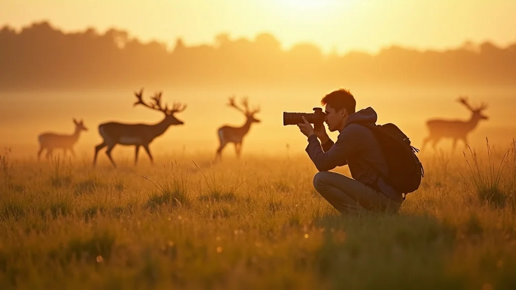Traveler photographing distant deer herd with Sony telephoto lens, sunrise meadow, soft haze, photorealistic, 300mm lens.