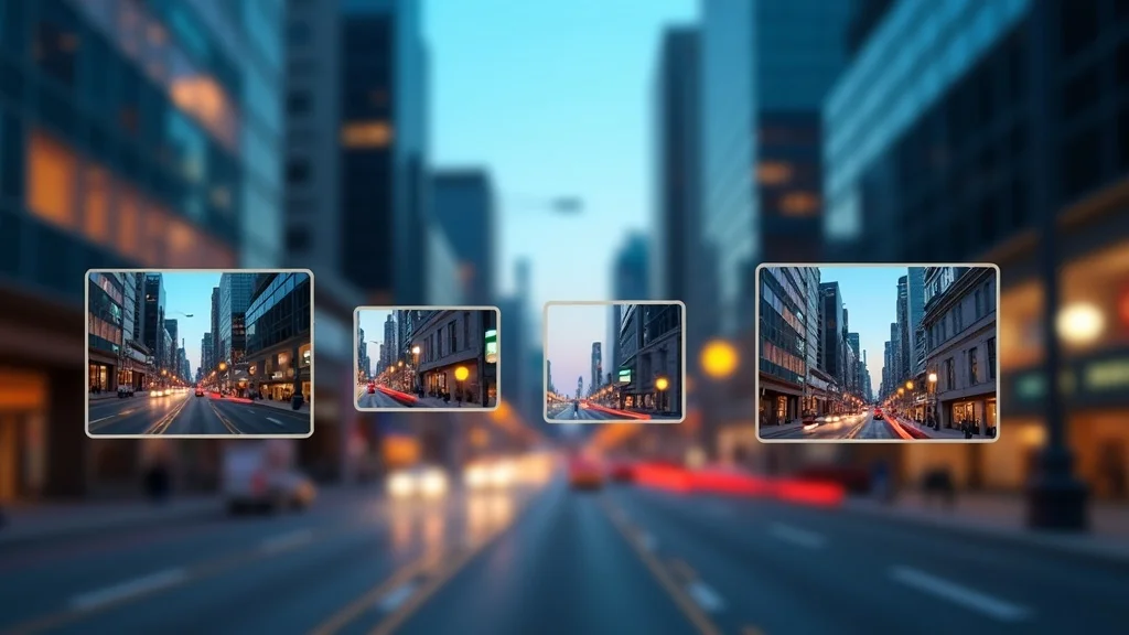 Infographic: different focal lengths in best sony zoom lenses under 1000 illustrated over a cityscape, showing ranges from wide to telephoto.
