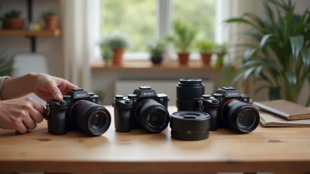 Inviting flat lay of Sony camera bodies and the best Sony lenses for beginners, on a wood table in a modern home with natural daylight, styled for approachability