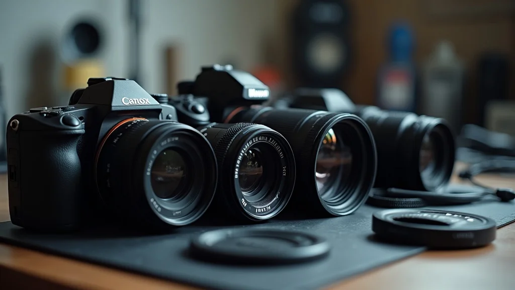 Crisp photographic equipment setup with telephoto and wide angle lenses neatly arranged on a work desk. Photorealistic with precise color, glass elements, and a monochromatic palette, shot with a 50mm macro lens.